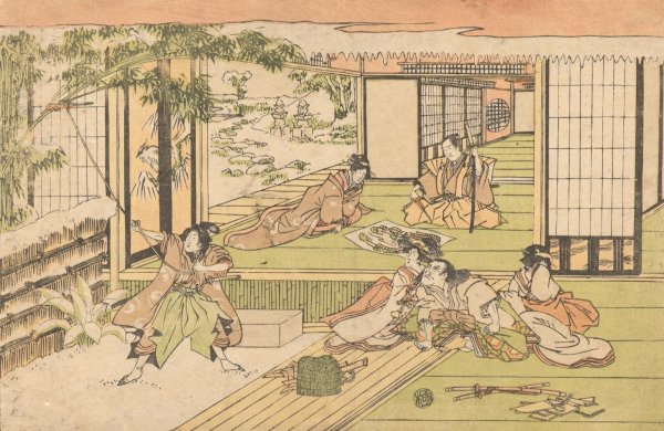 Main Product Photo of Five Figures Watching Man Roping a Bamboo  Painting by Utagawa Kuninao