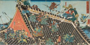 Battle on roof of Horyukaku, from the Play 'Tale of the Eight Dogs' by Utagawa Kunisada II Oil Painting
