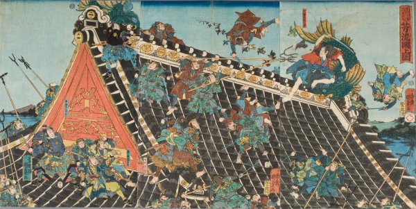 Main Product Photo of Battle on roof of Horyukaku, from the Play 'Tale of the Eight Dogs' Painting by Utagawa Kunisada II