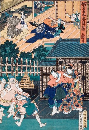 Act III; Enya Held from Attacking Moronao by Honzo; Kampei Sending Bannai Outside of the Castle to Receive Honzo's Gifts Said to Be from Wakasanosuke by Utagawa Kunisada (Toyokuni III) Oil Painting