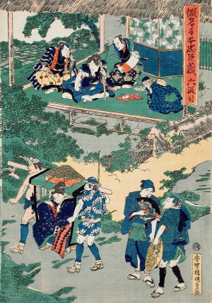 Act VI; Kampei Signing the Roll of the Forty-Seven ROnin; Okaru, after Being Sold, is Taken by Palanquin to Kyoto Brothel Oil painting by Utagawa Kunisada (Toyokuni III)