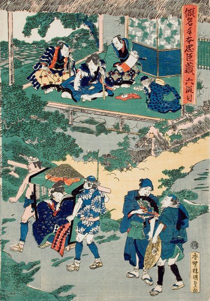 Act VI; Kampei Signing the Roll of the Forty-Seven ROnin; Okaru, after Being Sold, is Taken by Palanquin to Kyoto Brothel  by Utagawa Kunisada (Toyokuni III) - Hand-Painted Oil Painting Reproduction