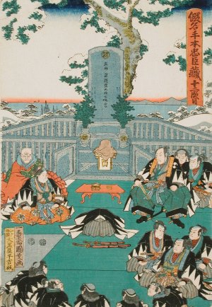 Act XI, End; The Ronin Paying Homage to the Tomb of Enya at the Temple Sengakuji, Having Brought the Head of Moronao as an offering by Utagawa Kunisada (Toyokuni III) Oil Painting