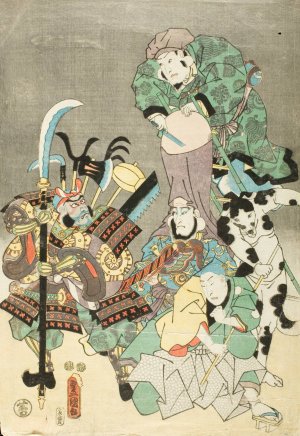 Actors as Ebisu, Fukurokuju, Benkei, Fox and Hunter in the Style of Otsu-e by Utagawa Kunisada (Toyokuni III) Oil Painting