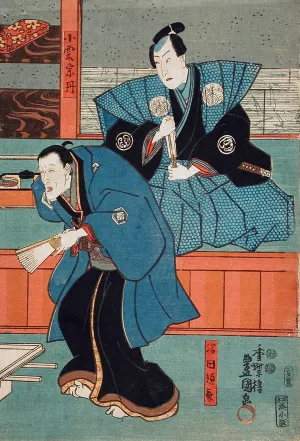 Actors Bando Sajuro I as Mumata Junsai, Bando Takesaburo I as Oguri Sotan Oil painting by Utagawa Kunisada (Toyokuni III)