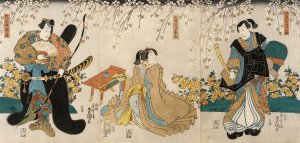Actors in the Roles of Shimada Shigesaburo, Kugyo ama jitsuwa Takao and Sakingo Yorikane under Cherry Blossoms by Utagawa Kunisada (Toyokuni III) Oil Painting