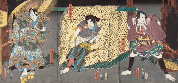 Actors in the Roles of Yoshida no Matsuwaka, Otomo Hitachinosuke, and Yakko Kajihira  by Utagawa Kunisada (Toyokuni III) - Hand-Painted Oil Painting Reproduction