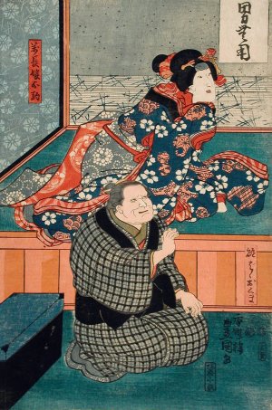 Arashi Otohachi III as Makanaibaba Okuma, and Iwai Kumesaburo II as Mancho's Daughter Okoma by Utagawa Kunisada (Toyokuni III) Oil Painting