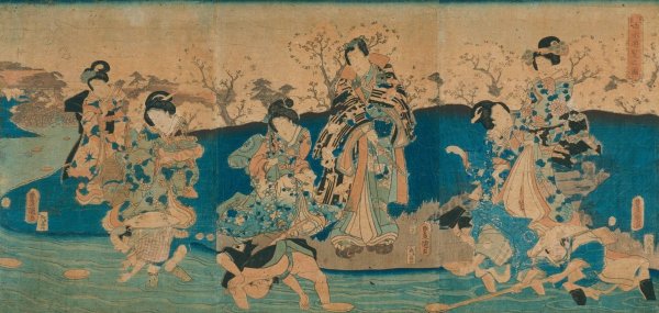 Main Product Photo of Courtesans and a Modern Genji Drinking from Floating Cups  Painting by Utagawa Kunisada (Toyokuni III)