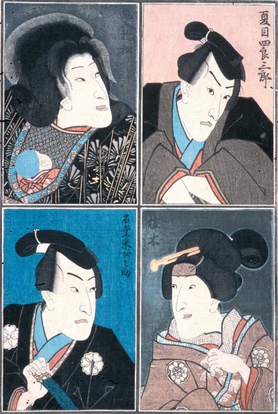 Four Actors in the Roles of Natsume Shirosaburo, Ishido Unemenosuke, Katsuragi, and Kijin Omatsu  by Utagawa Kunisada (Toyokuni III) - Hand-Painted Oil Painting Reproduction