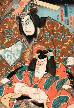 Fujiwara no Tokihira and Toneri MatsuOmaru from the Play Sugawara Denju Tenarai Kagami Oil painting by Utagawa Kunisada (Toyokuni III)