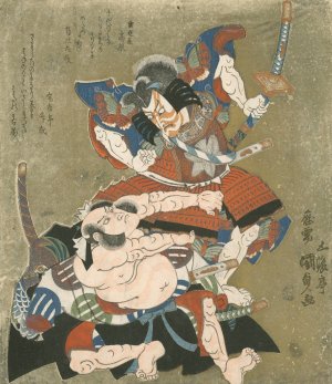 Ichikawa Danjuro VII as Soga no Goro and BandO Mitsugoro III as Kobayashi no Asahina in a Soga Play by Utagawa Kunisada (Toyokuni III) Oil Painting