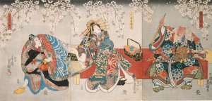 Ichikawa Kodanji IV as Hige no Ikyu, Bando Shuka I as Miuraya Agemaki, and Ichikawa Danjuro VIII as Agemaki no Sukeroku in the play Sukeroku kuruwa no hanamidoki by Utagawa Kunisada (Toyokuni III) Oil Painting