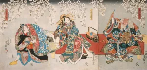 Ichikawa Kodanji IV as Hige no Ikyu, Bando Shuka I as Miuraya Agemaki, and Ichikawa Danjuro VIII as Agemaki no Sukeroku in the play Sukeroku kuruwa no hanamidoki by Utagawa Kunisada (Toyokuni III) Oil Painting