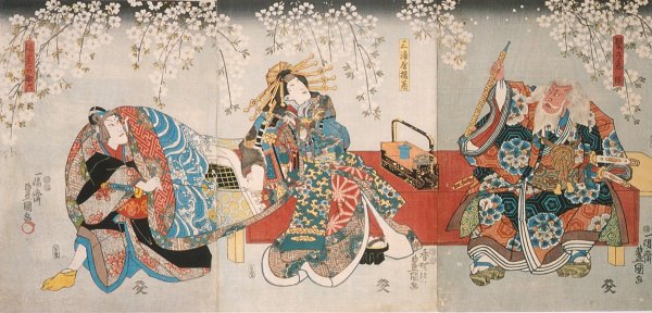 Ichikawa Kodanji IV as Hige no Ikyu, Bando Shuka I as Miuraya Agemaki, and Ichikawa Danjuro VIII as Agemaki no Sukeroku in the play Sukeroku kuruwa no hanamidoki  by Utagawa Kunisada (Toyokuni III) - Hand-Painted Oil Painting Reproduction