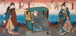 Iwai HanshirO VIII as Geisha Ohisa, Kataoka GadO II as Matsushiyama Jinzaburo, and Onoe Kikujiro II as Izumiya's wife Oume in the Play Matsuicho tsurukame Soga by Utagawa Kunisada (Toyokuni III) Oil Painting