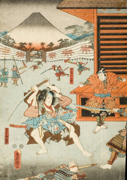 Night Attack of the Soga Brothers; Soga no Juro Sukenari and Koga no Saburo  by Utagawa Kunisada (Toyokuni III) - Hand-Painted Oil Painting Reproduction