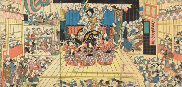 Picture of a Crowded Theater Hosting Performance of Sugawara Denju Tenarai Kagami  by Utagawa Kunisada (Toyokuni III) - Hand-Painted Oil Painting Reproduction