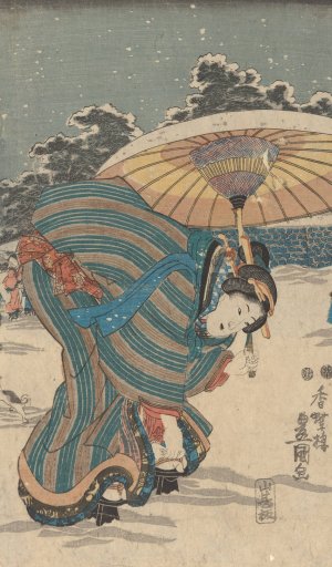 Snow Scene; Woman Bending to Adjust Shoe by Utagawa Kunisada (Toyokuni III) Oil Painting