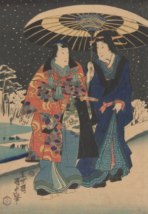 Snow Scene; Woman in Blue, Man in Red and Blue, Under Black and White Umbrella by Utagawa Kunisada (Toyokuni III) Oil Painting