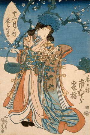 The Actor Ichimura Kakitsu in a Female Role Representing the Second Month by Utagawa Kunisada (Toyokuni III) Oil Painting