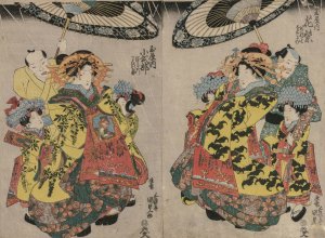 The Courtesans Hanamurasaki and Koshikibu of the Tamaya Promenading in the Rain by Utagawa Kunisada (Toyokuni III) Oil Painting