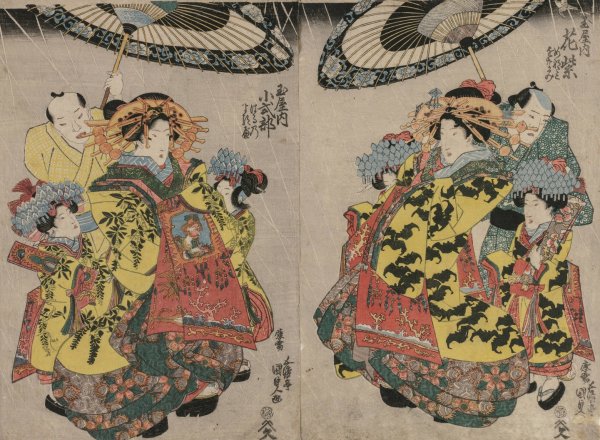 The Courtesans Hanamurasaki and Koshikibu of the Tamaya Promenading in the Rain  by Utagawa Kunisada (Toyokuni III) - Hand-Painted Oil Painting Reproduction