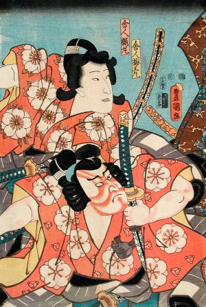 Toneri UmeOmaru and Toneri Sakuramaru from the play Sugawara Denju Tenarai Kagami Oil painting by Utagawa Kunisada (Toyokuni III)