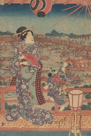Woman and Child in Purple Kimono Overlooking Boats and Bridge by Utagawa Kunisada (Toyokuni III) Oil Painting