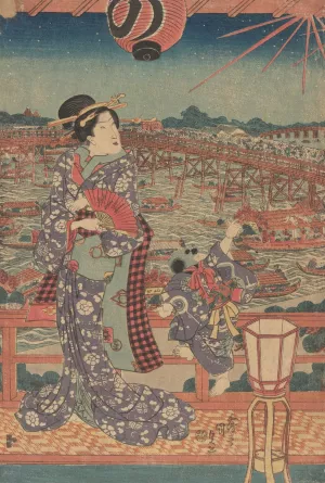 Woman and Child in Purple Kimono Overlooking Boats and Bridge by Utagawa Kunisada (Toyokuni III) Oil Painting