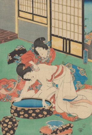 Woman Leaning over Tub, Being Bathed by Her Maid by Utagawa Kunisada (Toyokuni III) Oil Painting