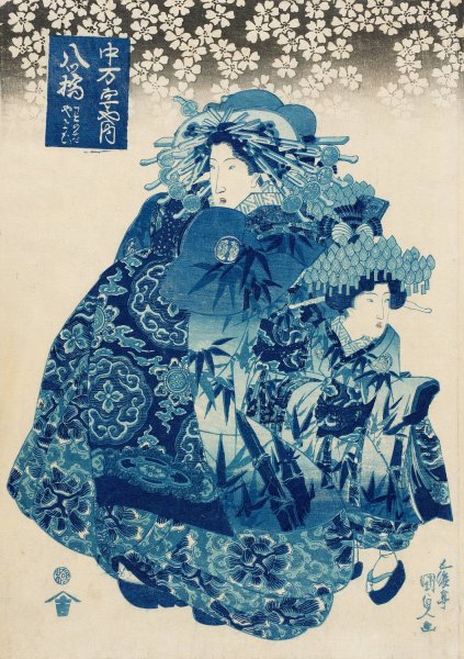 Yatsuhashi of the Naka-Manjiya, kamuro Wakaba and Yayoi  by Utagawa Kunisada (Toyokuni III) - Hand-Painted Oil Painting Reproduction