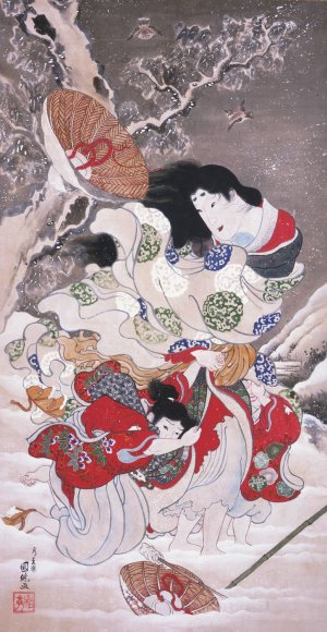 Lady Tokiwa Fleeing with Children by Utagawa Kunitsugu Oil Painting