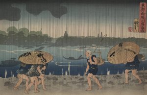 People walking beneath umbrellas along the seashore during a rainstorm by Utagawa Kuniyoshi Oil Painting