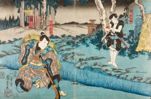 Sawamura Chojuro V as Hayano Kanpei and Ichikawa Kuzo II as Ono Sadakuro in Act Five of the play Kanadehon Chushingura Oil painting by Utagawa Kuniyoshi