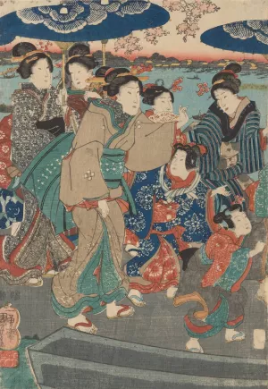 Seven Female Figures, Two Umbrellas by Utagawa Kuniyoshi Oil Painting