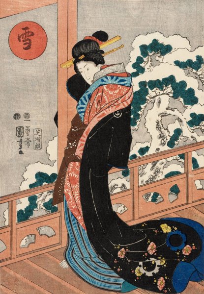 Snow; Beauty on a Veranda  by Utagawa Kuniyoshi - Hand-Painted Oil Painting Reproduction