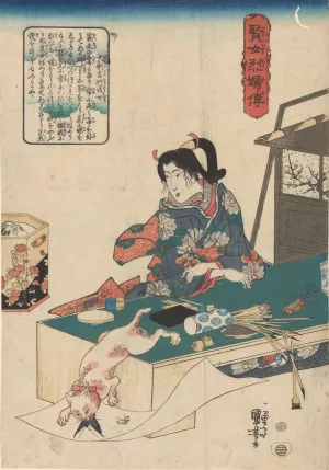 Woman at Table, White Cat Pouncing on Butterfly by Utagawa Kuniyoshi Oil Painting