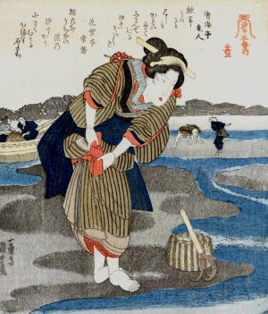 Woman Fastening her Skirts; from the series Five Pictures of Low Tide by Utagawa Kuniyoshi Oil Painting