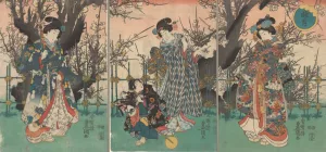 Old Cherry in Spring, Three Women and a Child with Hobby Horse Walking Past Oil painting by Utagawa Toyohiro