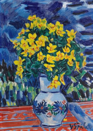 Bouquet Of Flowers In A Blue Vase by Vaclav Spala Oil Painting