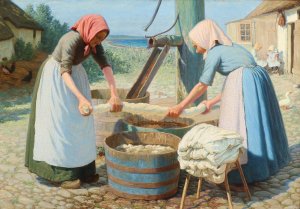 Et par bondekoner vasker toj pa gardspladsen by Valdemar Magaard Oil Painting