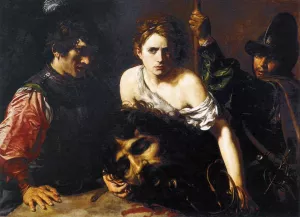 David with the Head of Goliath and Two Soldiers by Valentin De Boulogne - Oil Painting Reproduction