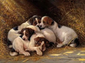 Four Puppies in a Haystack by Valentine Thomas Garland - Oil Painting Reproduction