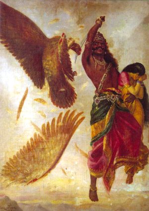 Jatayu Struck Down by Ravan from Ramayana by Raja Ravi Varma Oil Painting