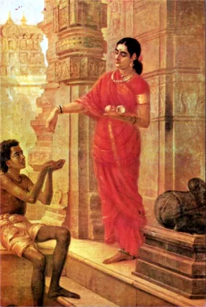 Lady Giving Alms at the Temple by Raja Ravi Varma - Oil Painting Reproduction