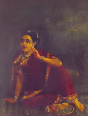 Radha Waiting for Krishna by Raja Ravi Varma - Oil Painting Reproduction