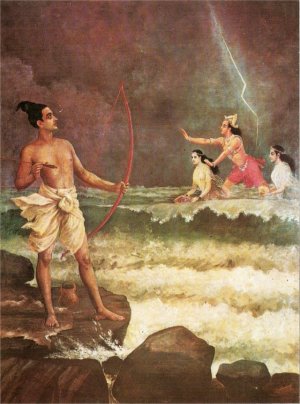 Sri Rama Conquers Varuna from Ramayana by Raja Ravi Varma Oil Painting