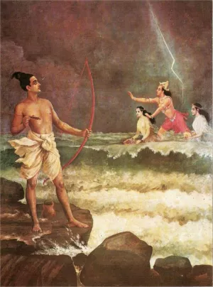 Sri Rama Conquers Varuna from Ramayana by Raja Ravi Varma - Oil Painting Reproduction