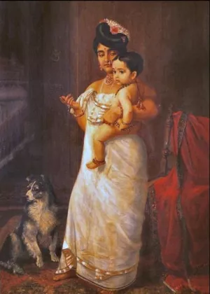 Varma's Daughter Mahaprabha with Her daughter by Raja Ravi Varma - Oil Painting Reproduction